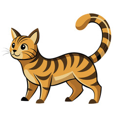 Fototapeta premium A tabby cat with a short, curved tail is captured mid-stride in profile view on white background
