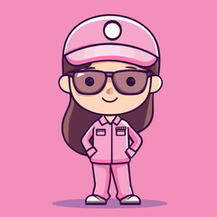 A Cheerful Cartoon Girl in a Pink Uniform with Sunglasses