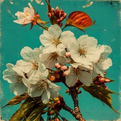 Japanese retro graphic of cherry blossoms, grainy texture, vintage feel and colour