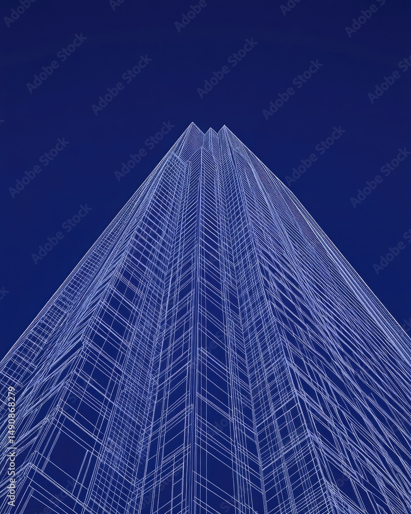 Poster building wireframe on blue, skyscraper architecture, modern perspective lines art