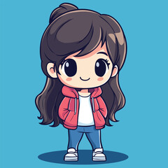 Adorable Anime Girl in Red Hoodie with Stylish Long Brown Hair