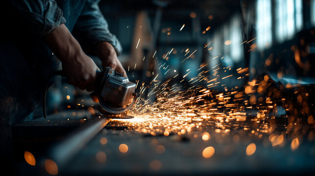 Close-up of hands using an angle grinder producing a lot of sparks while working on metal in a workshop
