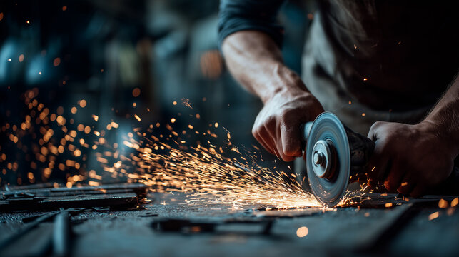 Close-up of hands using an angle grinder, producing a shower of sparks in a metal workshop