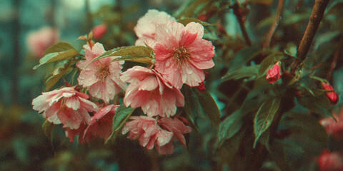 Japanese retro graphic of cherry blossoms, grainy texture, vintage feel and colour