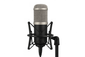 Studio microphone capturing sound in a professional recording setting, isolated on a transparent background, ready for compositing