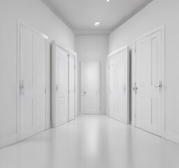 Rows of pristine white doors, open and closed, against a stark white backdrop ,  open,  architecture,  clean