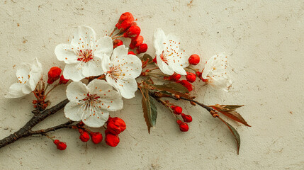 Japanese retro graphic of cherry blossoms, grainy texture, vintage feel and colour