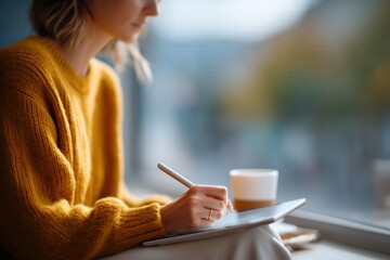 Student writing by window in modern cafe for creative inspiration and study focus