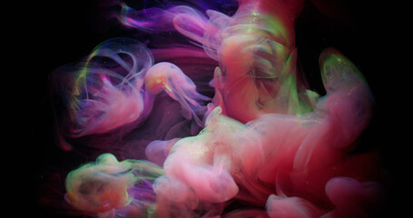 Mist wave. Sparkling fluid. Rainbow smoke spray storm on black night background. Color liquid paint abstract blur splash in water.