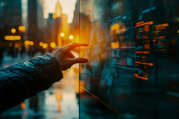 A person in an urban environment holds an interactive digital display with dynamic data visualization, real-time analytics, and detailed maps on a transparent glass panel.