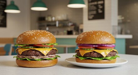 The Modern Burger Joint - Health-conscious burgers, whole grain buns, lean proteins, fresh vegetables, modern eatery. A symbol of healthy eating, fresh ingredients, modern design, delicious taste