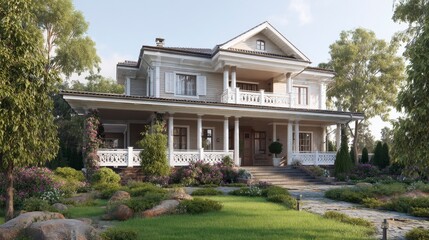 Fototapeta premium Exterior view of a large residential home with landscaping
