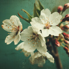 Japanese retro graphic of cherry blossoms, grainy texture, vintage feel and colour