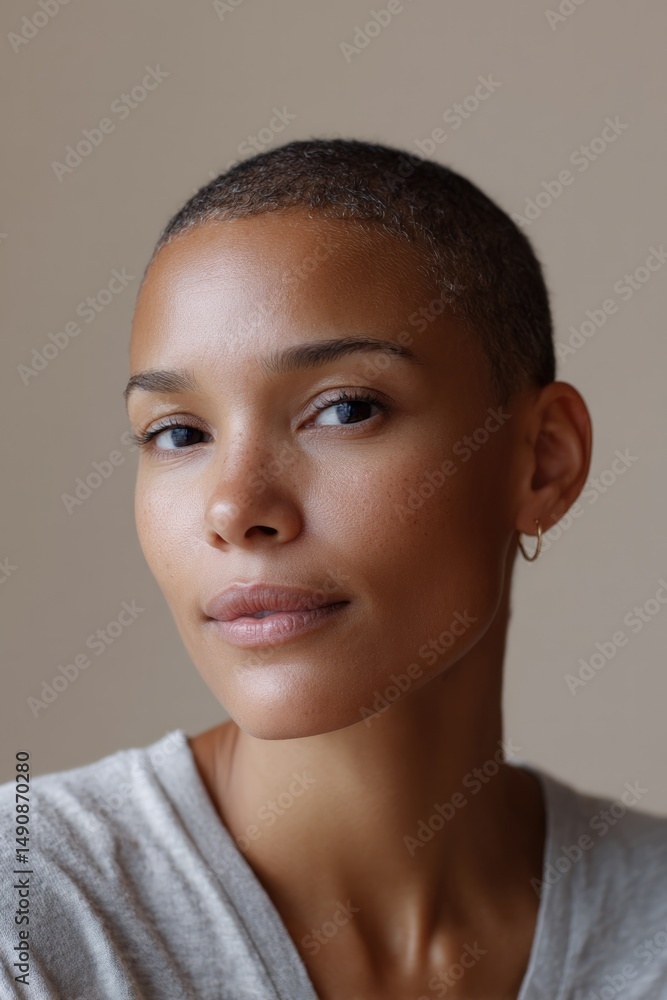 Poster studio portrait of person against seamless neutral backdrop with ample copy space for text