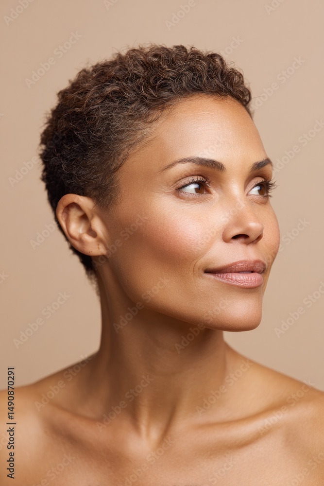 Poster studio portrait of person against seamless neutral backdrop with ample copy space for text