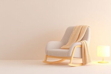 3d illustration of comfortable rocking chair with cozy blanket draped over it placed beside gently illuminated table