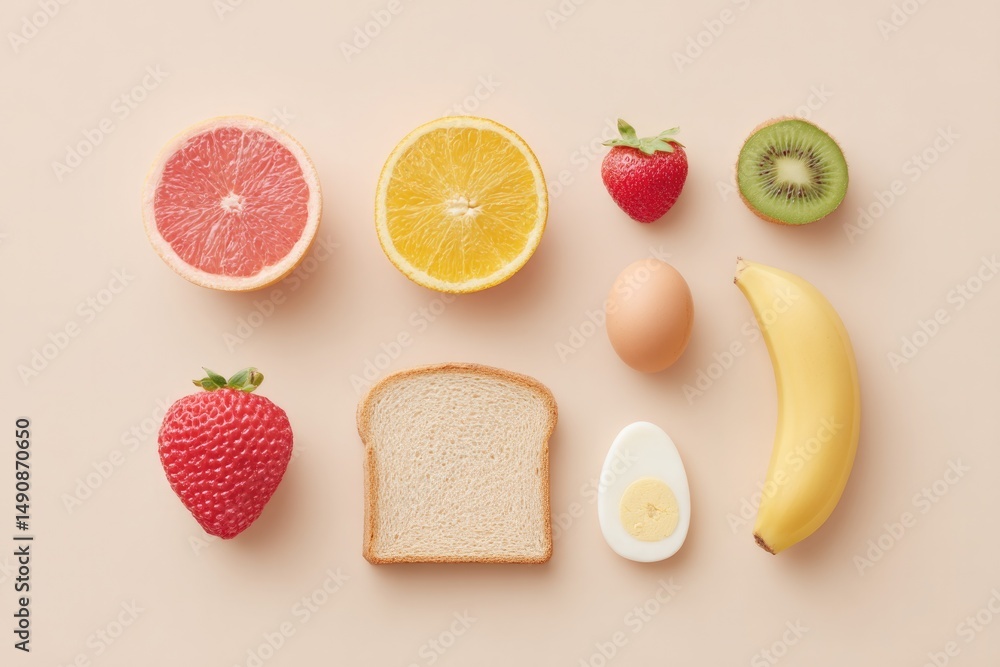 Poster clean minimalistic image showcasing colorful kid-friendly nutrition options with ample copy space fo