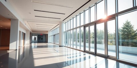 Obraz premium Sunlit, empty office lobby with expansive windows and a sleek sliding glass door, workspace, clean