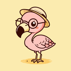 Flamingo vector, trendy tropical bird illustration, pink cartoon animal flat drawing for seamless nursery wallpaper, summer kids decor pattern, beach background wildlife art print