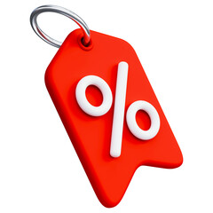 Discount tag with percentage sign, red and white colors. Sale event, great offer notification icon. Price tag for online shopping with savings. 3d realistic render isolated on transparent background