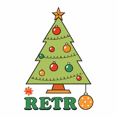 Retro Christmas card featuring a classic tree adorned with vintage ornaments, tinsel, and twinkling lights, set against a snowy backdrop with festive charm.
