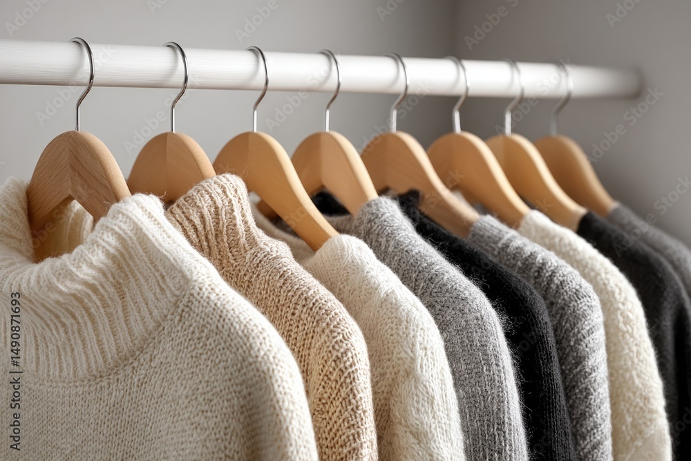 Poster minimalistic closet displaying curated capsule wardrobe with neatly arranged hangers on simple rail