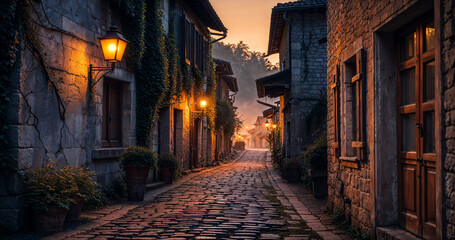 A quiet, forgotten village street glows faintly at dusk, with old houses under a fading sky.