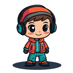 Adorable Cartoon Boy Wearing Headphones and Winter Outfit Smiling