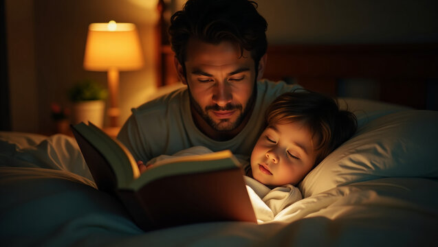 A father reads a bedtime story to a child at bedtime. Nighttime setting, baby being put to bed, emphasis on bonding. Father-child relationship. 