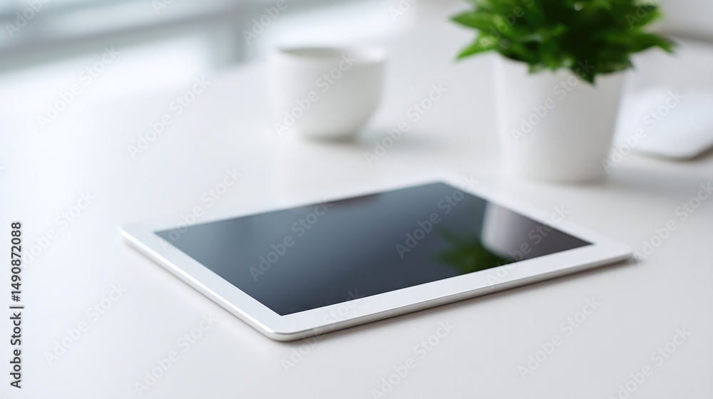 Poster minimalistic visual depicting modern workspace with sleek tablet showcasing interactive presentation