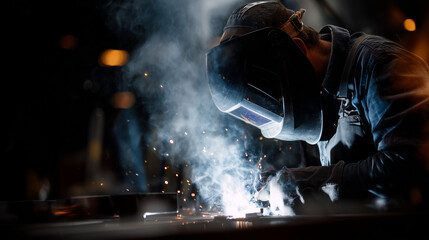 Skilled welder joining metal parts with welding torch, wearing safety gear amid industrial sparks and shadowy workshop backdrop