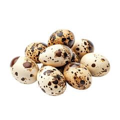 A pile of speckled quail eggs on a white background