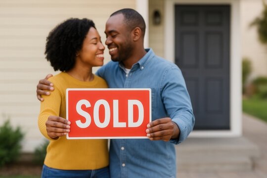 Happy couple celebrates new home purchase holding Sold sign - Powered by Adobe