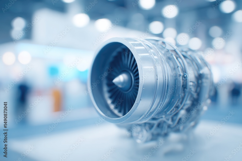 Poster sleek and powerful aircraft engine displayed prominently with minimalistic design people blurred in 