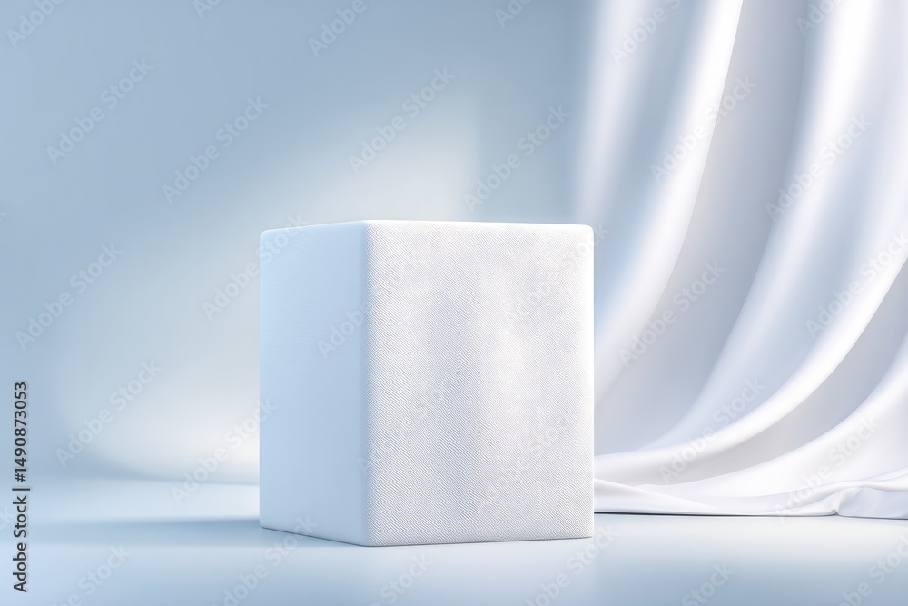 Poster sleek empty podium draped with minimalist fabric surrounded by subtle clean lines soft shadows and v