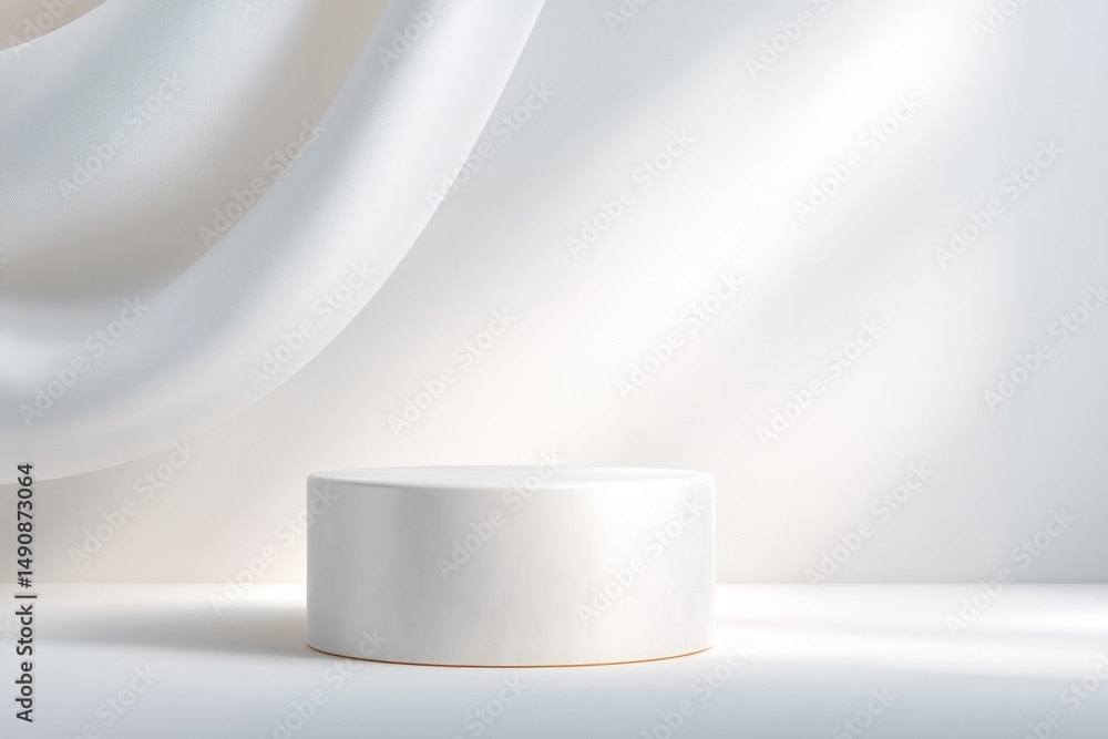 Poster sleek empty podium draped with minimalist fabric surrounded by subtle clean lines soft shadows and v
