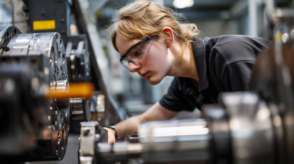 Professional female engineer checking industrial machinery, wearing protective eyewear while working in high-tech manufacturing environment