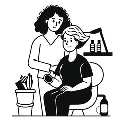 A line drawing of a woman drying her hair with a hairdryer.