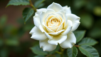 Obraz premium Close-up of a Beautiful White Rose Flower with Green Leaves