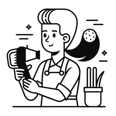 A line drawing of a woman drying her hair with a hairdryer.