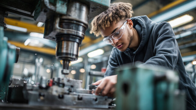 Concentrated young apprentice wearing safety glasses operating milling machine in factory during vocational training - Powered by Adobe