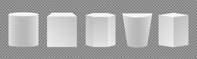 Geometric gallery shape podiums set. Blank stands in round, square and hexagon forms. Column 3d platforms for product presentation, awards