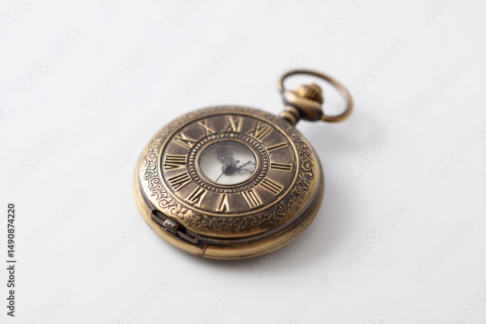 Poster antique pocket watch displayed against white backdrop capturing its intricate design with ample copy
