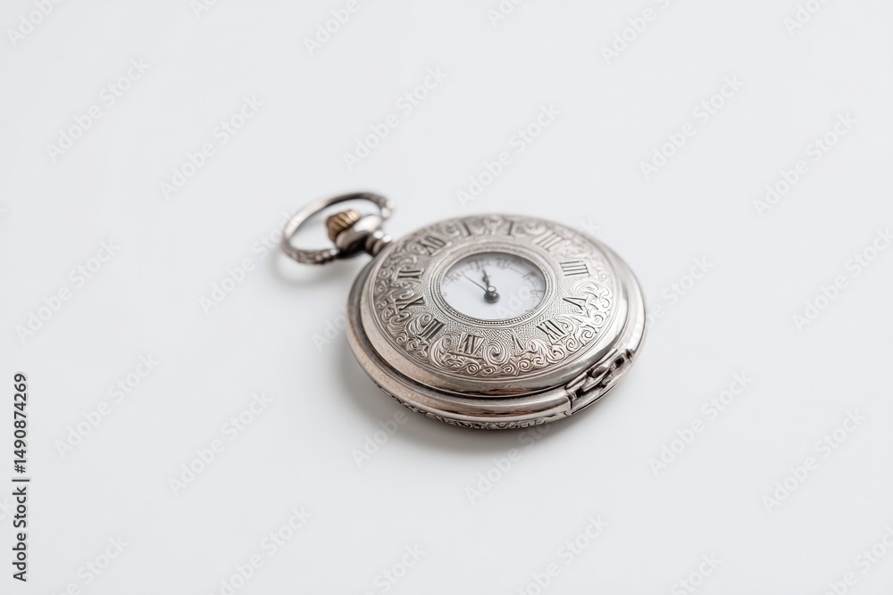 Poster antique pocket watch displayed against white backdrop capturing its intricate design with ample copy