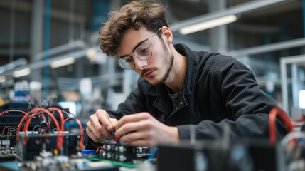 Young male engineer carefully connecting wires of a circuit board, working on innovative technology in a modern factory setting