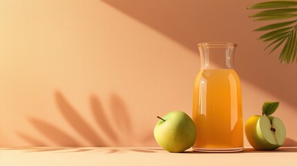 Beautiful summer background with apple juice in a glass and a green apple next to it and sun shadow on a pastel peach color background with banner copy 