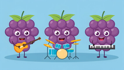 Obraz premium Cute cartoon grape band playing music guitar drums and keyboard vector design