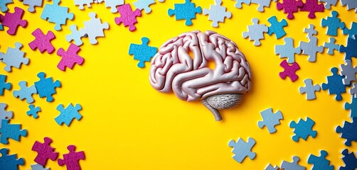 Yellow background, human brain puzzle, memory training concept, challenge, concept
