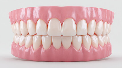 Detailed 3D rendering of set of human teeth with pink gum line, showcasing healthy and bright smile. teeth are well aligned and exhibit natural appearance, emphasizing dental aesthetics and oral