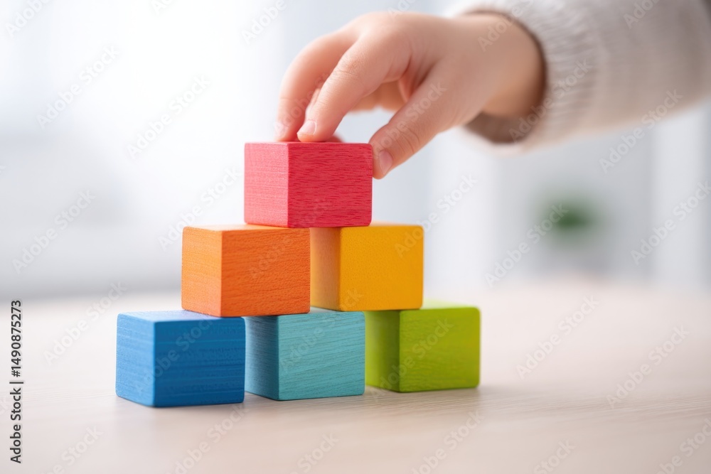 Poster close-up of child hand stacking colorful wooden blocks on bright minimalistic background